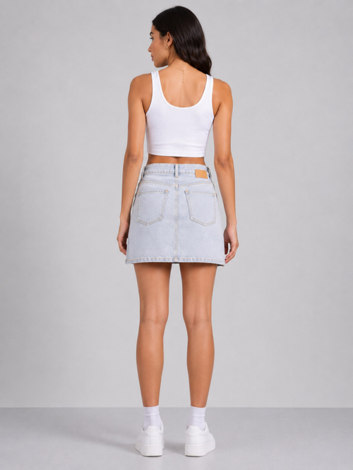 Aurora Luxe High-Waist Denim Mini Skirt – Light Wash | Premium Everyday Fit