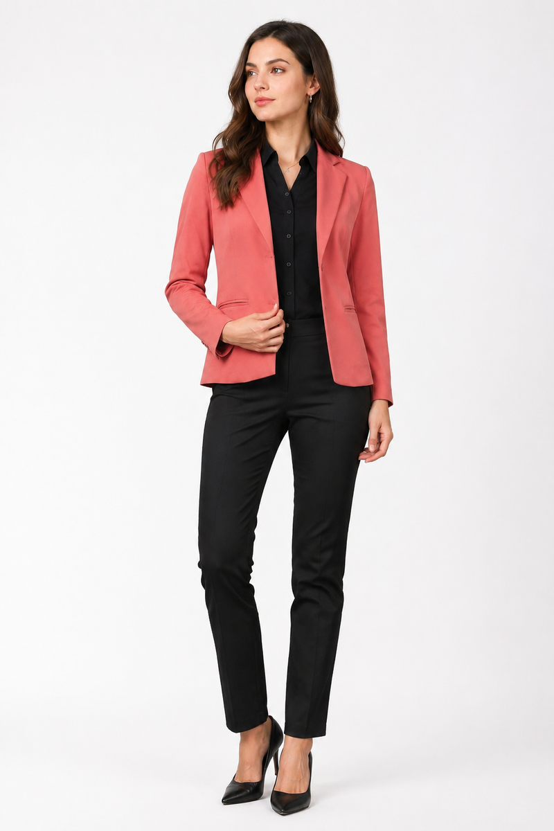 A woman modeling a coral pink blazer over a black button-up shirt and black trousers, paired with black heels, against a plain white studio background.