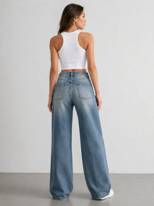 Celeste Luxe High-Waist Wide Leg Denim Jeans – Vintage Blue Wash | Premium Relaxed Fit