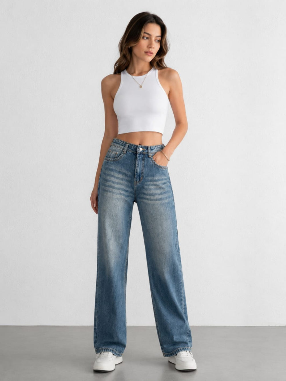 Celeste Luxe High-Waist Wide Leg Denim Jeans – Vintage Blue Wash | Premium Relaxed Fit