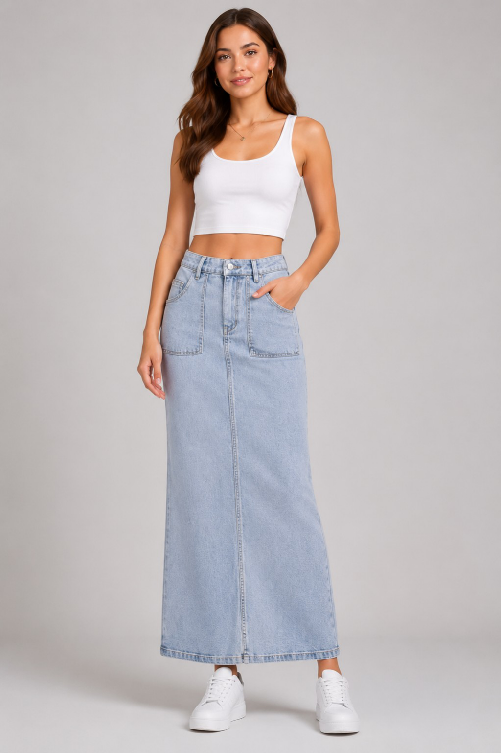 Luna Luxe High-Waist Maxi Denim Skirt – Light Wash | Premium A-Line Fit