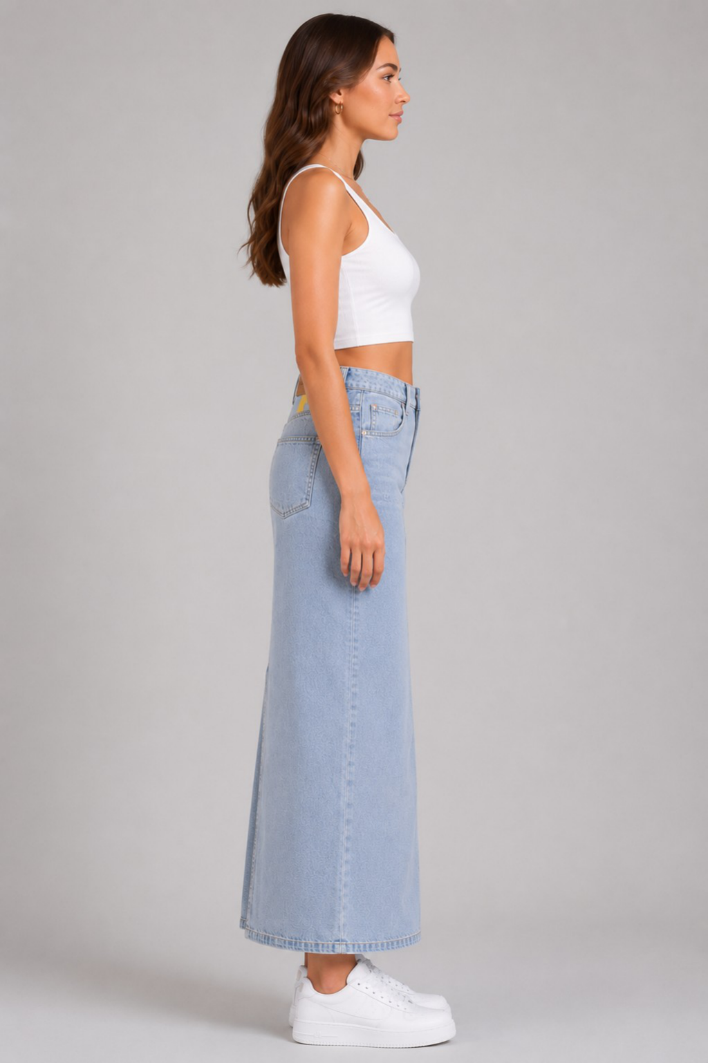 Luna Luxe High-Waist Maxi Denim Skirt – Light Wash | Premium A-Line Fit